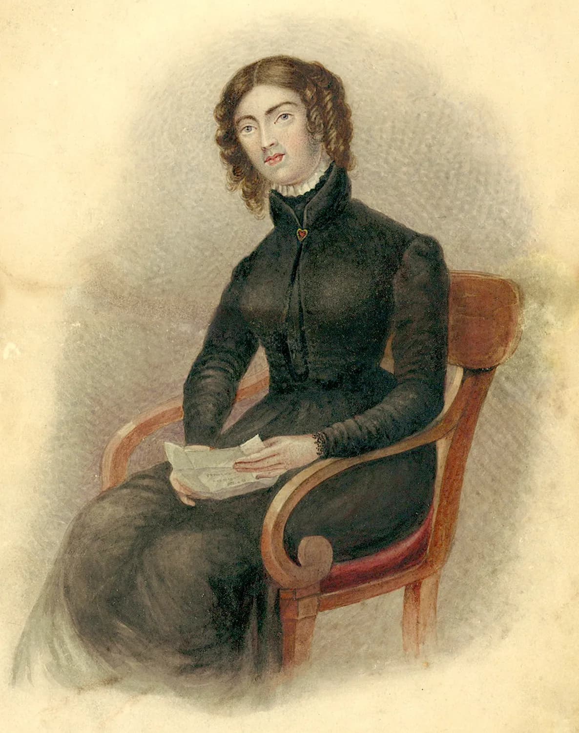 A painting of a woman with curly brown hair sitting in a wooden chair, wearing a black dress and holding a letter.